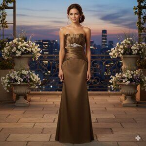 Chic Strapless Brown Gown with Embellished Waist